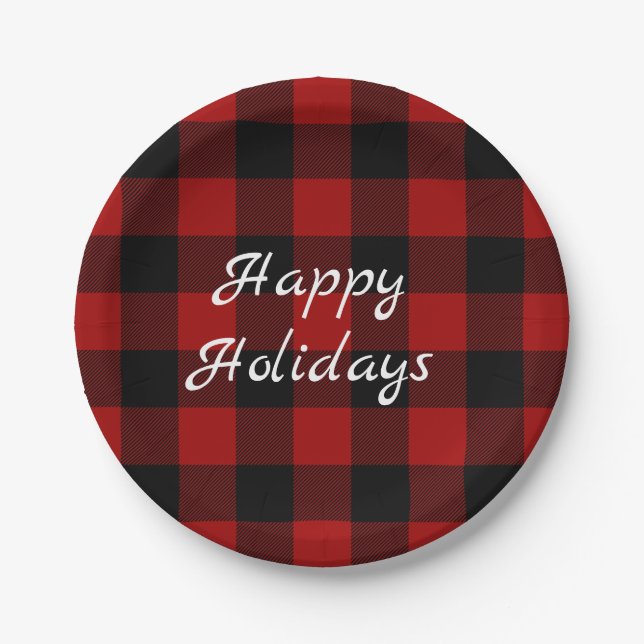 Red and black buffalo Happy Holidays Paper Plate (Front)