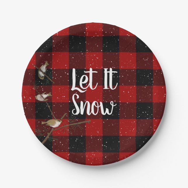 Red and black buffalo Let It Snow snowflakes Paper Plate (Front)