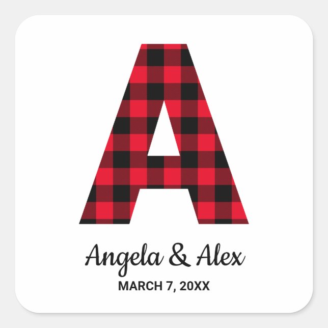 Red and Black Buffalo Plaid A Monogram Square Sticker (Front)