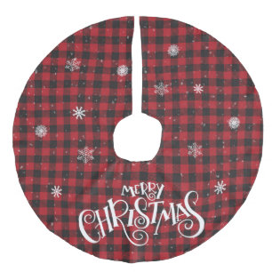 Red and Black Buffalo Plaid and Snowflakes Faux Linen Tree Skirt