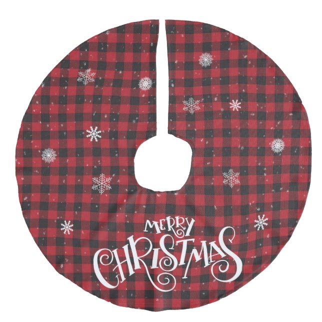 Red and Black Buffalo Plaid and Snowflakes Faux Linen Tree Skirt (Front)