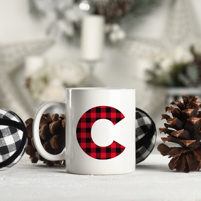 Red and Black Buffalo Plaid Bold Letter C Monogram Coffee Mug (Letter C Monogram)