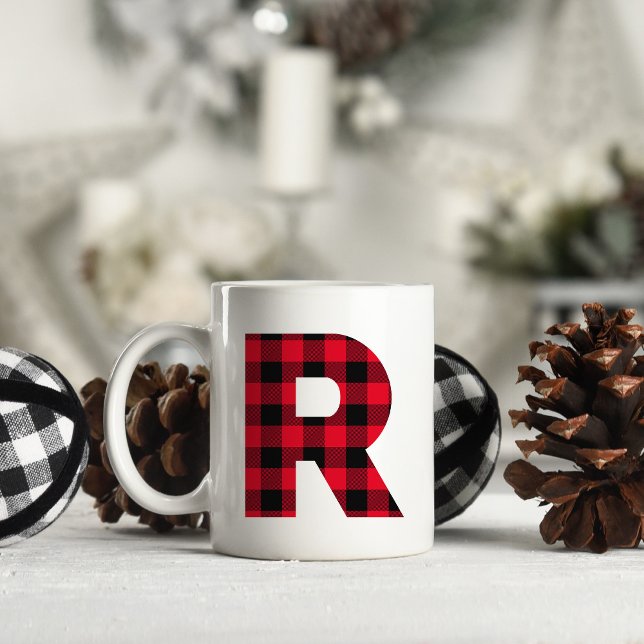 Red and Black Buffalo Plaid Bold Letter R Monogram Coffee Mug (Letter R Monogram Christmas Coffee Cup)