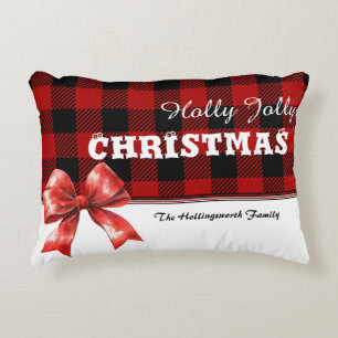 Red and Black Buffalo Plaid Check Watercolor Bow Accent Pillow