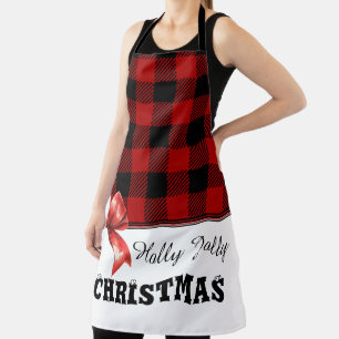 Red and Black Buffalo Plaid Check Watercolor Bow Apron