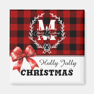 Red and Black Buffalo Plaid Check Watercolor Bow Magnet