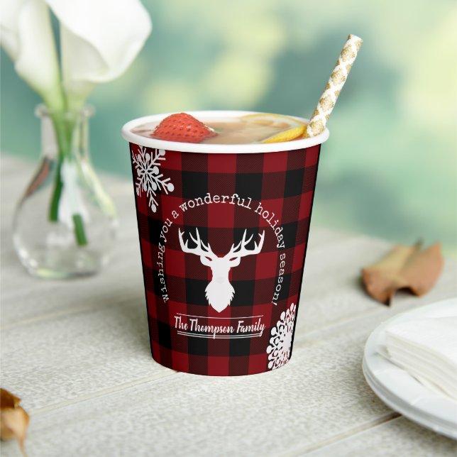 Red and Black Buffalo Plaid Christmas Paper Cups (Insitu)