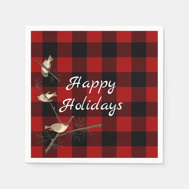 red and black buffalo plaid Christmas with birds Napkin (Front)