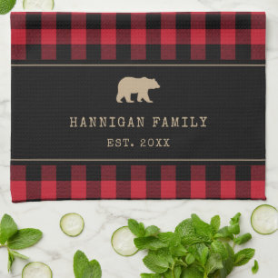 Red and Black Buffalo Plaid Custom Family Name  Kitchen Towel