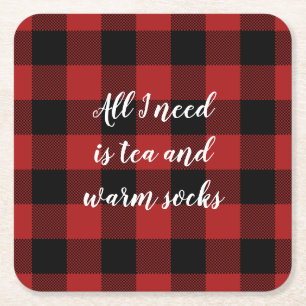 Red and Black Buffalo Plaid Custom Saying Square Paper Coaster