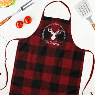 Red and Black Buffalo Plaid Deer Family Name Apron