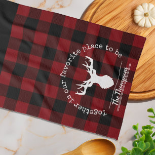 Red and Black Buffalo Plaid Deer Family Name Kitchen Towel