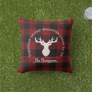 Red and Black Buffalo Plaid Deer Family Name Outdoor Pillow