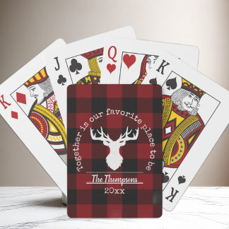 Red and Black Buffalo Plaid Deer Family Name Playing Cards