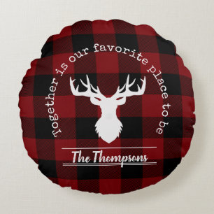 Red and Black Buffalo Plaid Deer Family Name Round Pillow