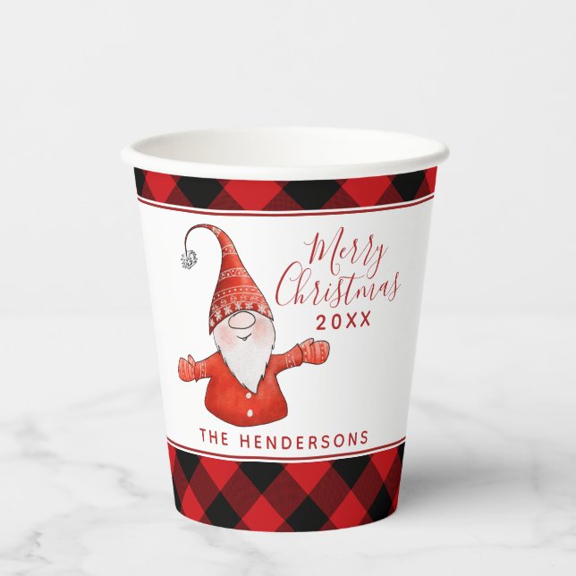 Red and Black Buffalo Plaid Family Christmas Paper Cups (Front)
