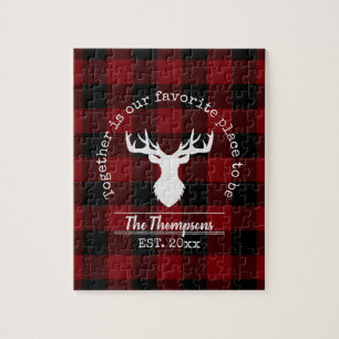 Red and Black Buffalo Plaid Family Name Jigsaw Puzzle