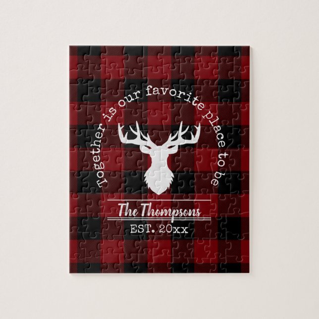 Red and Black Buffalo Plaid Family Name Jigsaw Puzzle (Vertical)