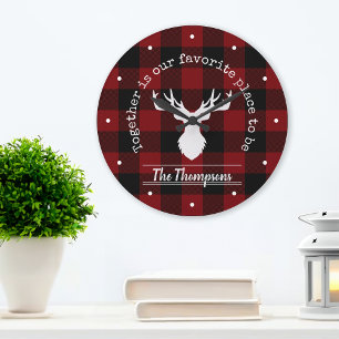 Red and Black Buffalo Plaid Family Name Large Clock