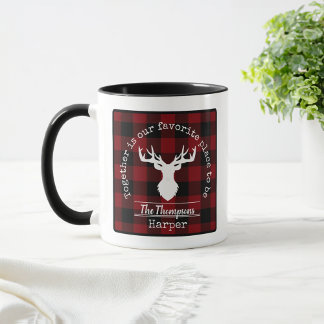Red and Black Buffalo Plaid Family Name Mug