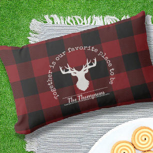 Red and Black Buffalo Plaid Family Name Outdoor Lumbar Pillow