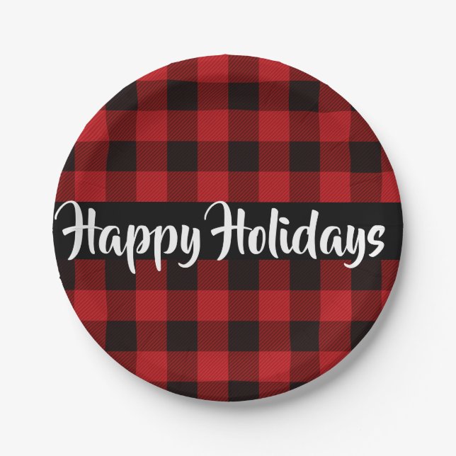 Red and Black buffalo plaid, happy holidays Paper Plate (Front)