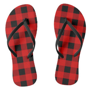 Red and Black Buffalo Plaid Holiday gingham  Flip Flops