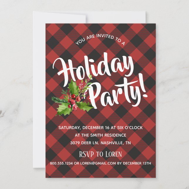 Red and Black Buffalo Plaid  Holiday Party Invite (Front)
