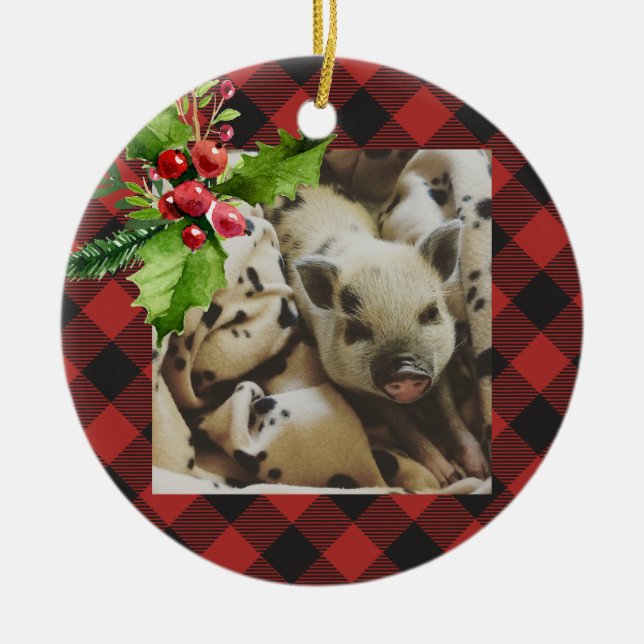 Red and Black Buffalo Plaid  Holidays Photo Ceramic Ornament (Front)