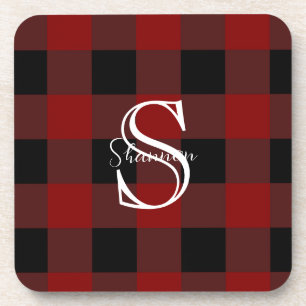 Red and black buffalo plaid monogram coaster