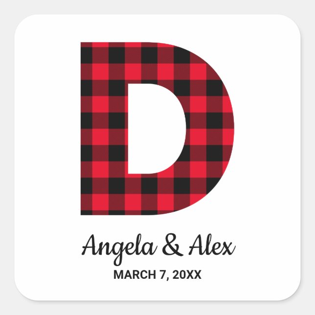 Red and Black Buffalo Plaid Monogram D Square Sticker (Front)