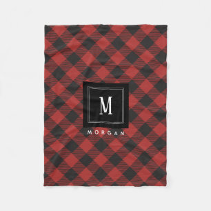 Red and Black Buffalo Plaid Monogram Fleece Blanket