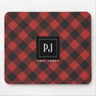 Red and Black Buffalo Plaid Monogram Mouse Pad