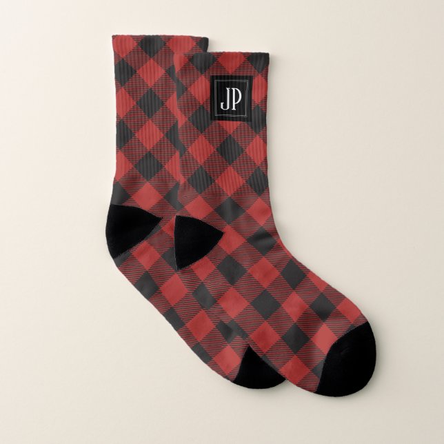 Red and Black Buffalo Plaid Monogram Socks (Pair)