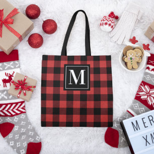Red and Black Buffalo Plaid Monogram Tote Bag