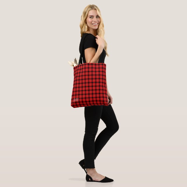 Red and Black Buffalo Plaid Monogramed Tote Bag (On Model)