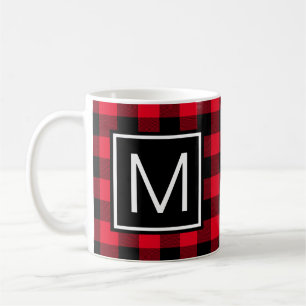 Red and Black Buffalo Plaid Monogrammed Coffee Mug
