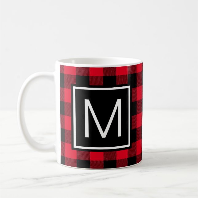 Red and Black Buffalo Plaid Monogrammed Coffee Mug (Left)