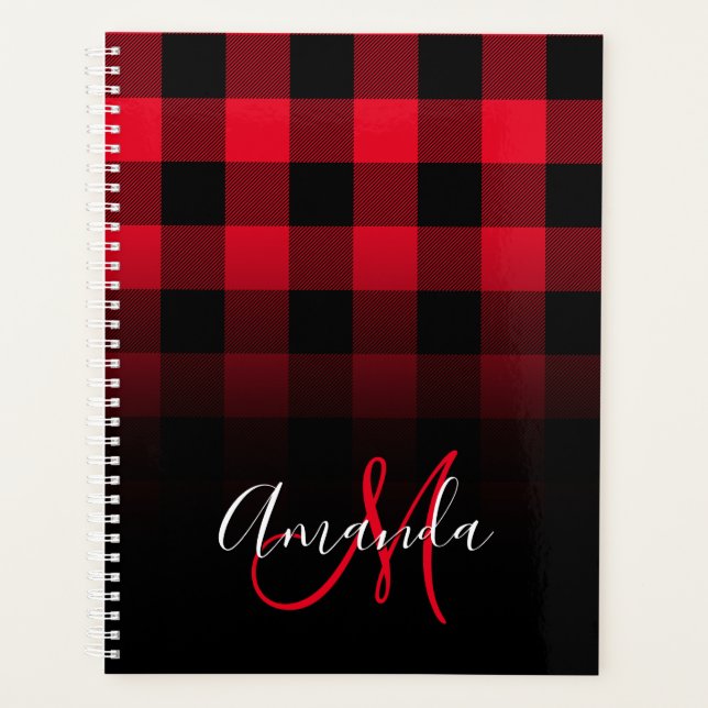 Red and Black Buffalo Plaid Ombre Monogram Planner (Front)