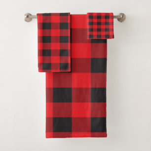Red and Black Buffalo Plaid Pattern Bath Towel Set