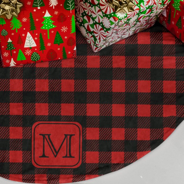Red and Black Buffalo Plaid Personalized Monogram Brushed Polyester Tree Skirt (Creator Uploaded)
