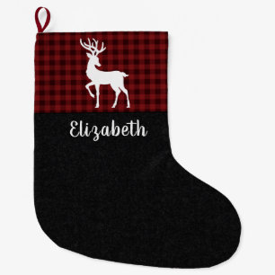 Red and Black Buffalo Plaid Personalized Name  Large Christmas Stocking