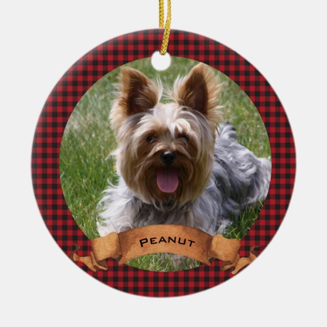 Red and Black Buffalo Plaid Pet Photo Ceramic Ornament (Front)