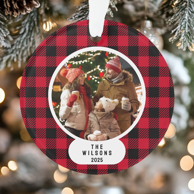 Red and Black Buffalo Plaid Photo Christmas (Red and Black Buffalo Plaid Photo Christmas Ornament)