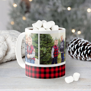 Red and Black Buffalo Plaid Photo Collage Holiday Coffee Mug