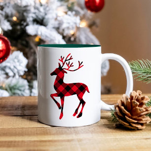 Red and Black Buffalo Plaid Reindeer Christmas Two-Tone Coffee Mug