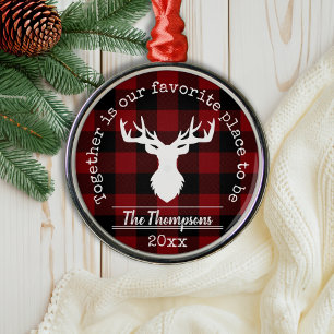 Red and Black Buffalo Plaid Reindeer Family Name Metal Ornament