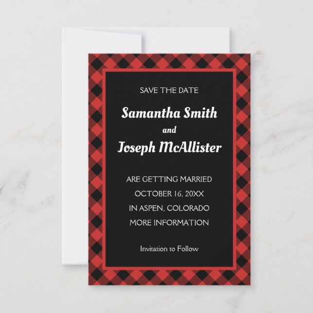 Red and Black Buffalo Plaid Save the Date Invitation (Front)