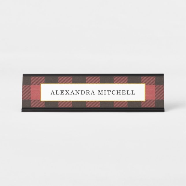 Red and Black Buffalo Plaid with Faux Gold Frame Desk Name Plate (Front)