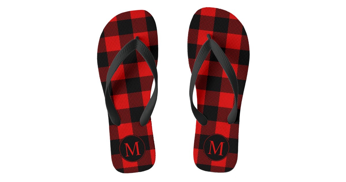 Red and Black Buffalo Plaid with Monogram Flip Flops | Zazzle